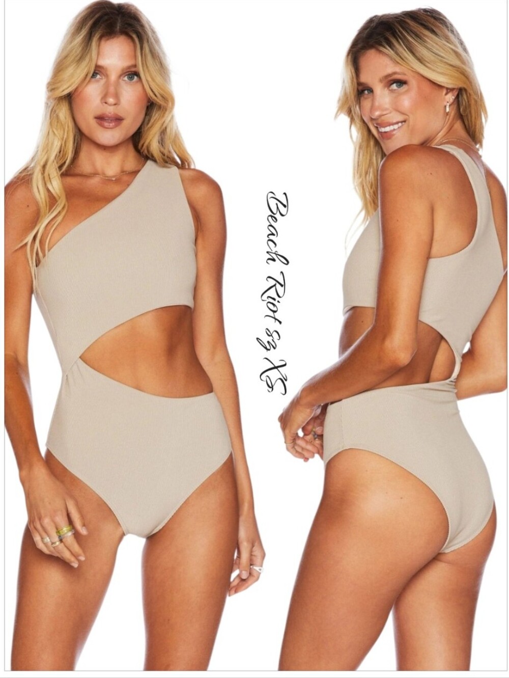 Beach Riot Celine Ribbed Cutout One Piece Swimsuit Taupe Tan Sz XS New - Picture 2 of 11